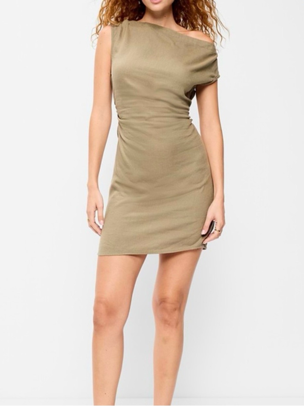 Old Navy Olive One-Shoulder Linen Bodycon Mini Dress